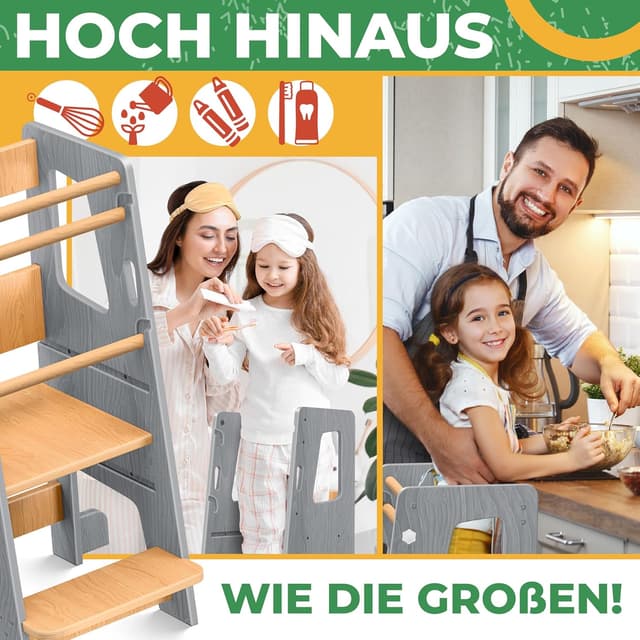 Detalle de KIDIZ Lernturm für Kinder ab 1 Jahr inkl. Lernuhr – höhenverstellbarer Montessori Learning Tower aus Kiefernholz