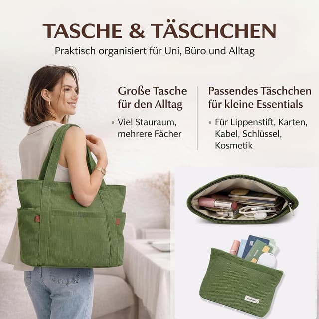 Detalle de Captain Blues women’s corduroy tote bag with zip – large laptop compartment work & school bag