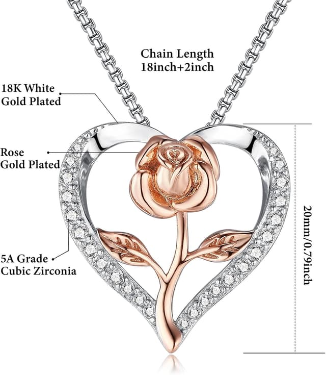 Detalle 1 de Lyniuoy Rose Heart Necklace for Women with Two-tone 18K Gold Plated Pendant and Cubic Zirconia Stones