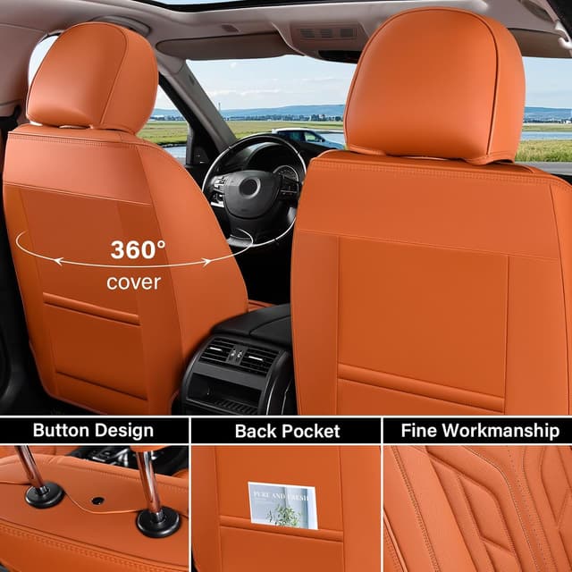 Detalle de Coverado Car Seat Covers Full Set (Orange) — Universal Waterproof Leather Seat Protectors