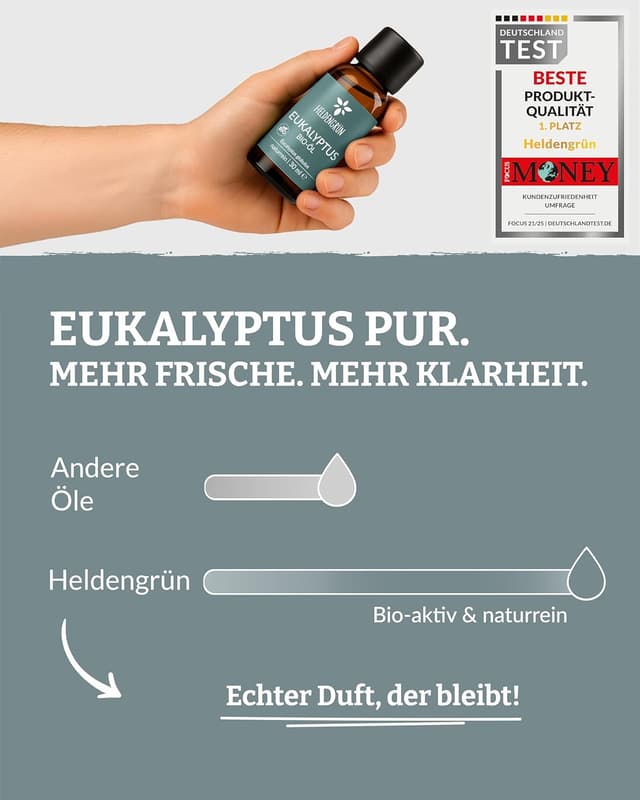 Detalle 2 de Heldengrün BIO Eukalyptusöl (100% naturrein) – echtes Bio-Eukalyptusöl für Aromatherapie & Kosmetik