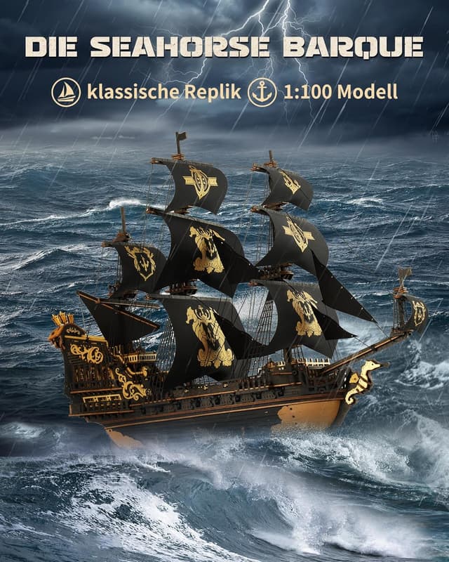 Detalle 2 de ROKR 3D Puzzle Holzbausatz The Seahorse Barque (MCB02) – Boot-Modell zum Selberbauen ohne Klebstoff