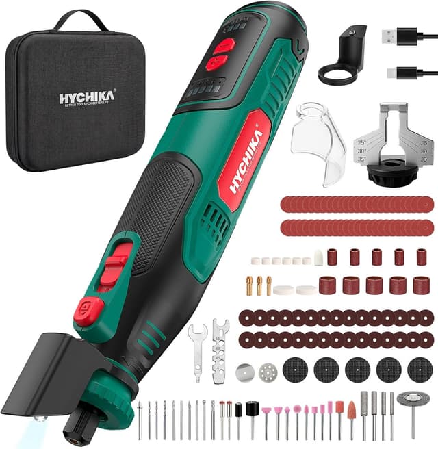 Detalle de HYCHIKA herramienta rotativa 8V con 145 accesorios