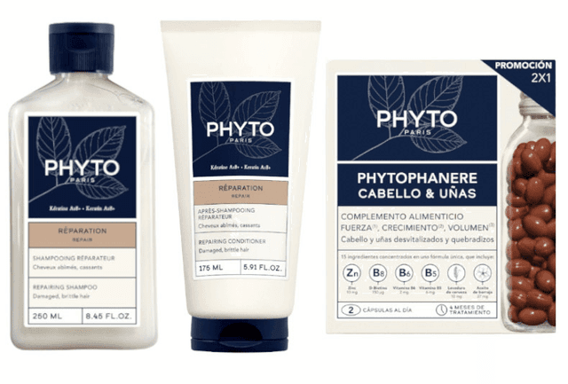 Detalle de Phyto Champú Reparación pack 250 ml + 2x120 cápsulas