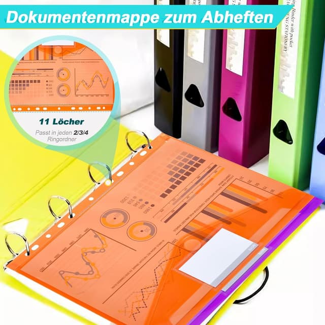 Detalle de Dokumententasche A4 (28 Stück) – wasserdichte Sammelmappen mit 11-Loch-Rand, Klettverschluss & Etikettentasche