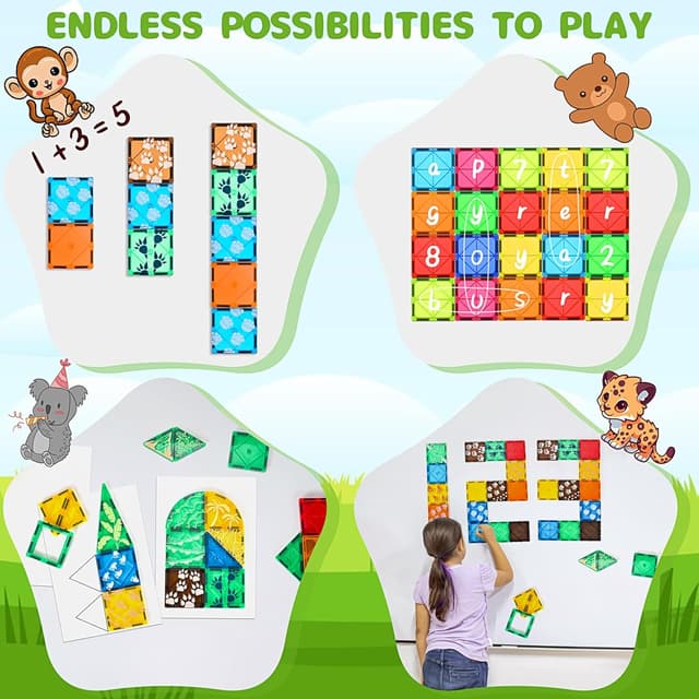 Detalle 2 de Magnetic Tiles for Kids 62PCS set with 3D animals & forest theme (UKCA certified) – STEM magnetic building blocks