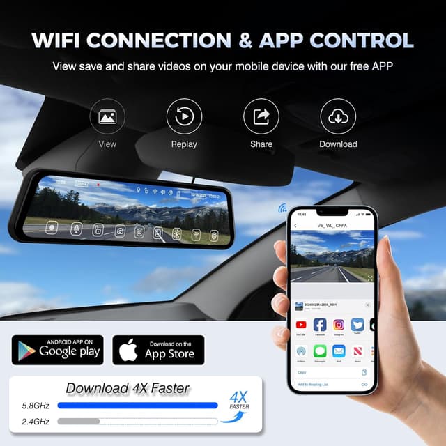 Detalle de 360 Degree View 4-Channel Mirror Dash Cam with Detached Cameras (Front + Left/Right Side + Rear) — 12" Rearview Mirror, WiFi, GPS, Night Vision, Parking Monitor