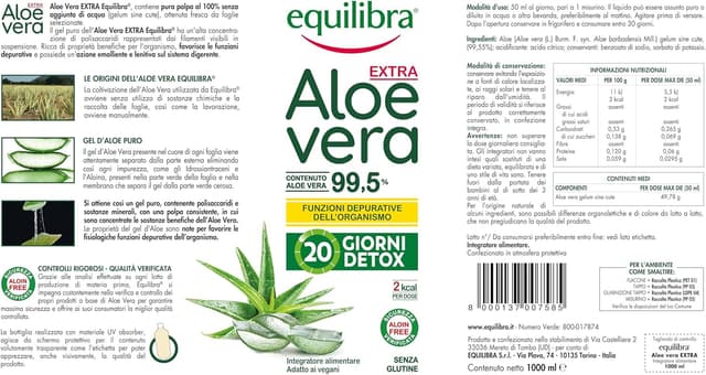 Detalle de Equilibra Aloe Vera da Bere, 100% Pura Polpa di Aloe (2x1000 ml, 40 giorni) depurativa e lenitiva