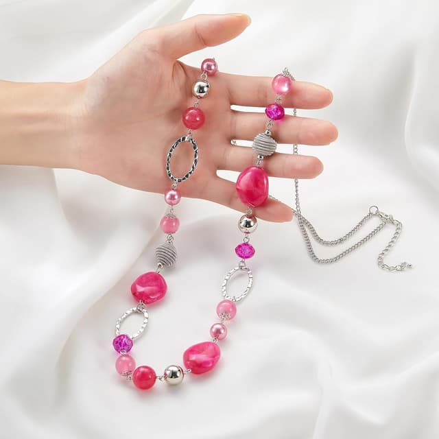 Detalle de Collier long FULU AUTUMN en argent avec perles (88 + 7 cm) – sautoir bohème en perles de cristal et de pierre