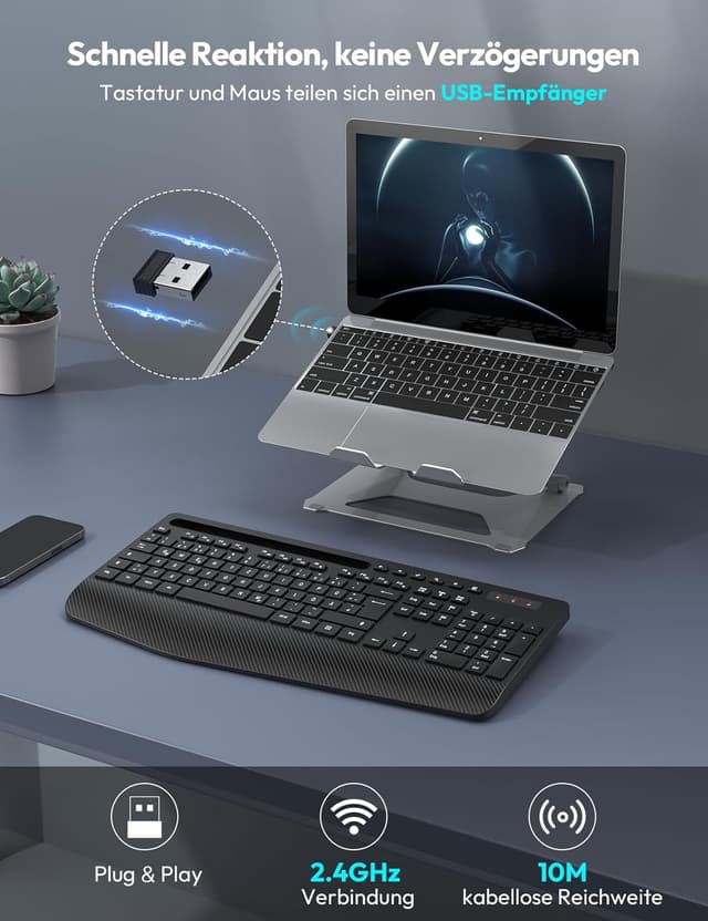 Detalle 2 de SABLUTE Kabellose Tastatur KN213 (Full-Size) mit Handballenauflage und Telefonhalter