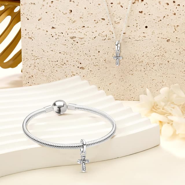 Detalle de Ruaidhra Sterling-Silber Charms-Anhänger mit Kreuz & Herz-Motiv – Charm Clip Stopper Bead für Armband oder Halskette