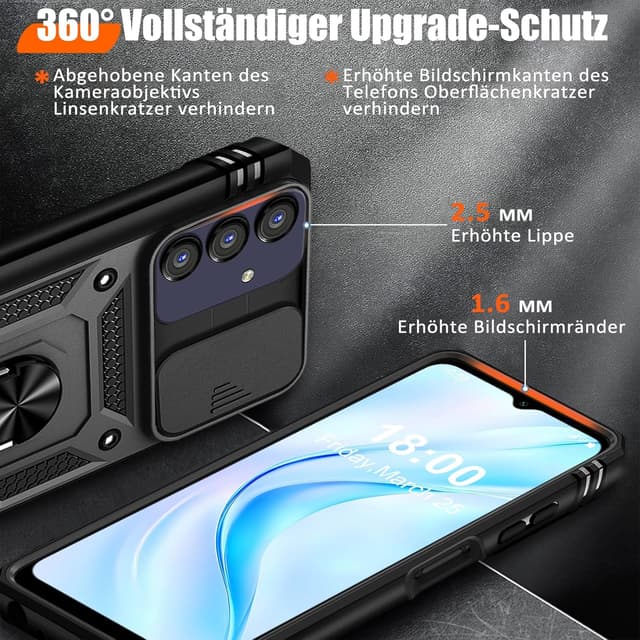 Detalle de Giyer Panzerhülle für Samsung Galaxy A16 5G inkl. Schutzfolie, Kameraschutz und 360° Metall-Ring-Ständer (Schwarz)