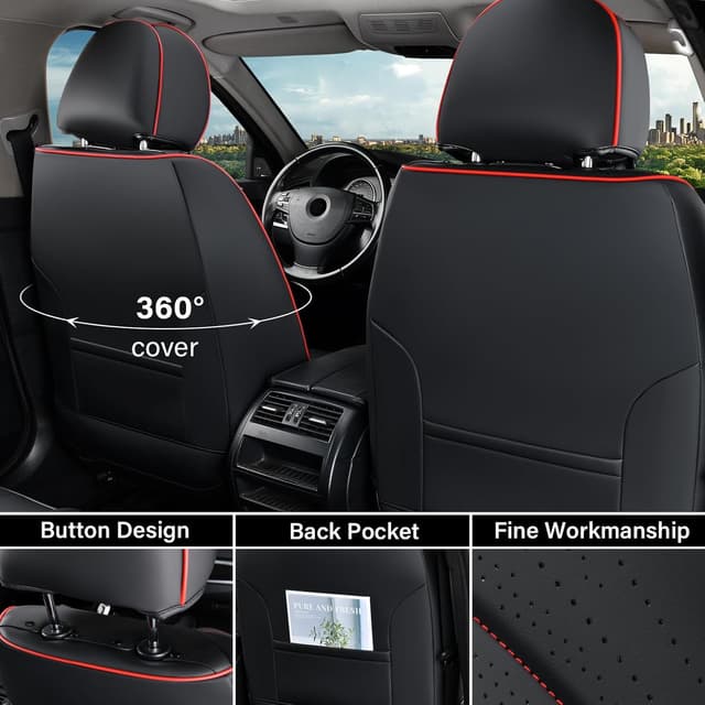 Detalle de Coverado Front Seat Covers (Nappa Leather Look) — Waterproof Universal 2-Pack for Most Cars, Black & Red Line