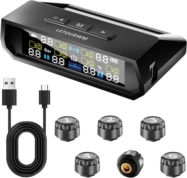 Detalle de LET0URWM RV Tire Pressure Monitoring System (TPMS) 2025 Upgrade with 6 Sensors, Solar + USB-C, LCD Display, 0-9.9 BAR / 144 PSI