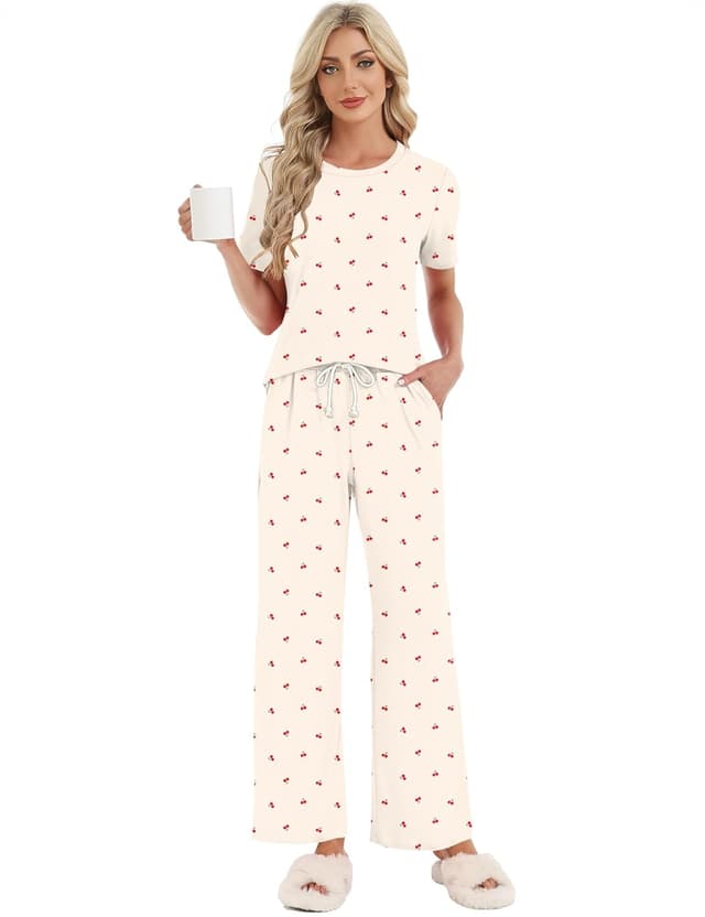 Detalle de Rapbin Damen Schlafanzug Lang – Zweiteiliges Pyjama-Set mit Taschen (Kurzarmshirt & Schlafanzughose)