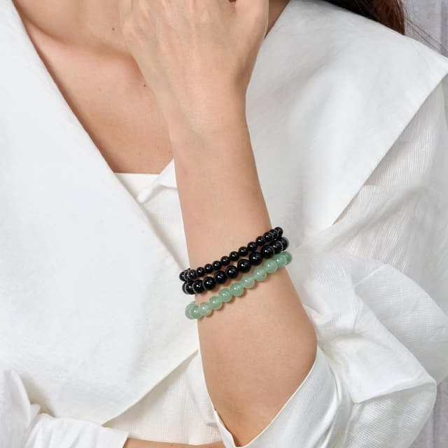 Detalle de Bivei 3-teiliges Perlenarmband-Set aus Natursteinen für Damen (Onyx, Obsidian, Aventurin) – handgefertigt