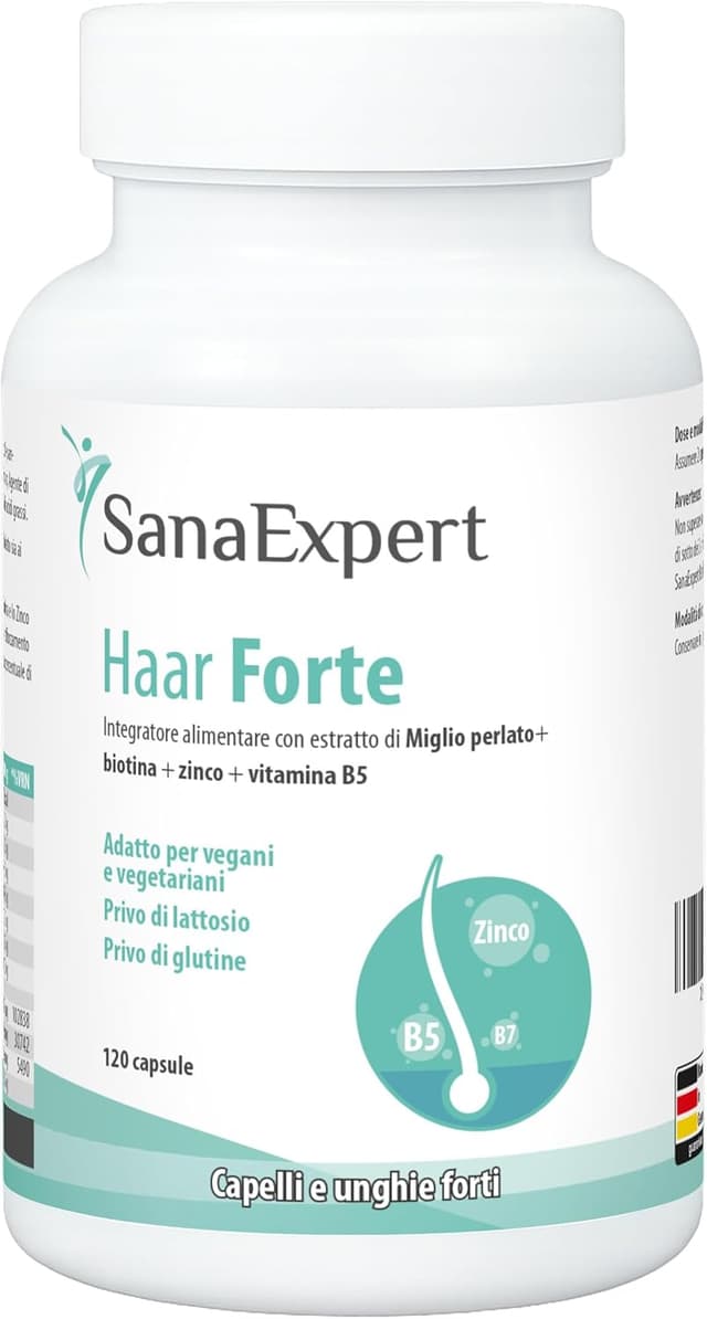 Detalle de SanaExpert Haar Forte integratore vegano per capelli e unghie con biotina, zinco e selenio (120 capsule)