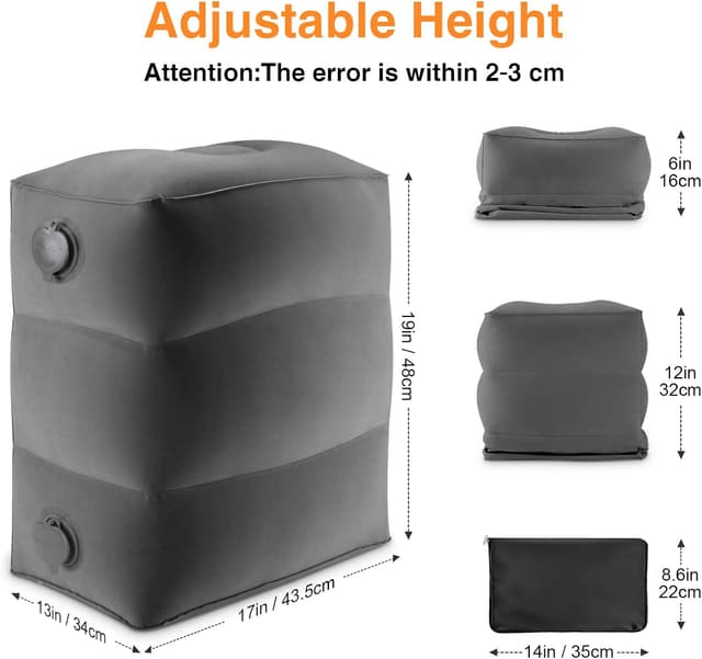 Detalle de Maliton poggiapiedi gonfiabile per aereo (borsa inclusa) – poggiapiedi da viaggio regolabile, grigio scuro