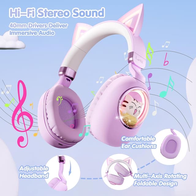 Thumbnail 6 de esonstyle Cat Ear Kids Headphones (Bluetooth 5.4) with 85dB Safe Volume Limit, Mic + Wired 3.5mm/USB-C