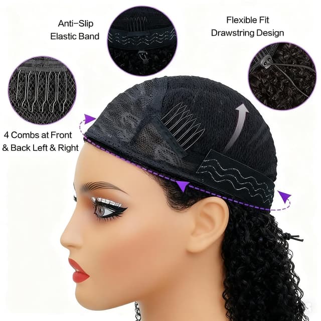 Detalle de Fronbanis Deep Wave Half Wig Human Hair (200% Density, 18-inch) – Glueless drawstring half wig with headband style options