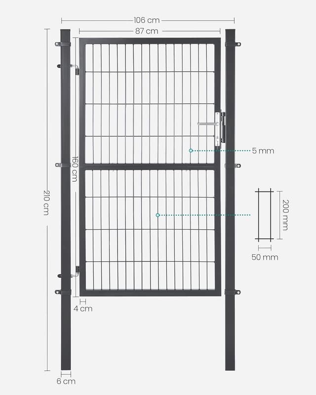 Detalle 2 de SONGMICS abschließbares Gartentor aus verzinktem Stahl, grau – 106 x 160 cm (GGD216GZ01)