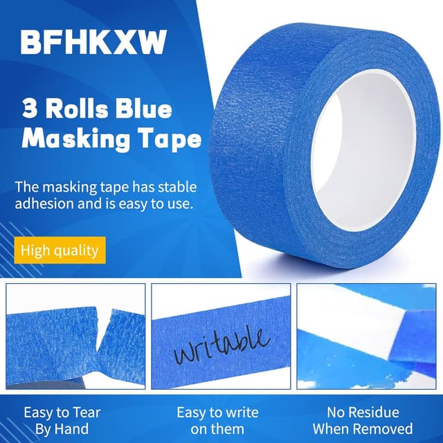 Detalle de BFHKXW 3 Rolls Blue Masking Tape (48mm x 50m) – painters tape for DIY, home renovation & decoration