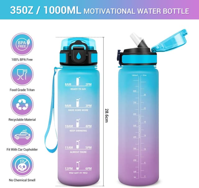 Thumbnail 5 de Borraccia 1L motivazionale a prova di perdite con cannuccia 🥤