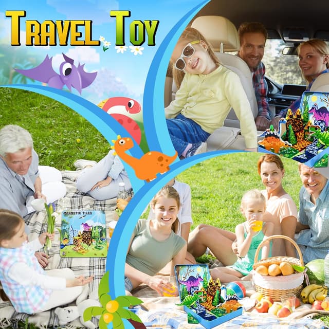 Detalle de URRLUNA 36pc Mini Magnetic Tiles Dinosaur Travel Set for Kids (Portable Dino Building Blocks)