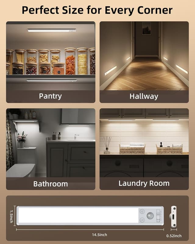 Thumbnail 6 de EZVALO Under Cabinet Kitchen Lights (2 Pack) – 3-Colour Dimmable Motion Sensor LED Strips, Rechargeable 3200mAh