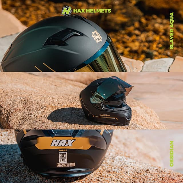Detalle de HAX Force Aerodynamic Full Face Helmet (DOT & ECE 22.06) with Enhanced Dual Visor — Matte Black Gold — Adult Size M