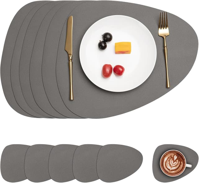 Detalle de Myir JUN Tischsets aus PVC-Kunstleder (doppelseitig) inkl. Untersetzern – Set mit 6, grau