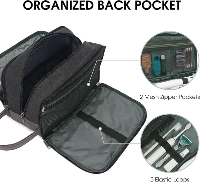 Detalle de WANDF Herren-Kulturtasche Reise-Kulturtasche (Canvas, schwarz) mit trocken-nass Trennung