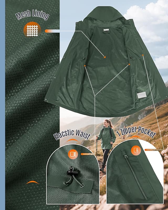 Detalle de 33,000ft Damen Regenjacke Windbreaker lang mit Kapuze – wasserdichte Softshell-Übergangsjacke für Frühling, Sommer & Herbst