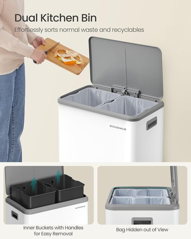 Detalle 2 de SONGMICS Kitchen Bin (LTB556W02) – Double 2 x 30 L stainless steel recycling bin with soft-close lids