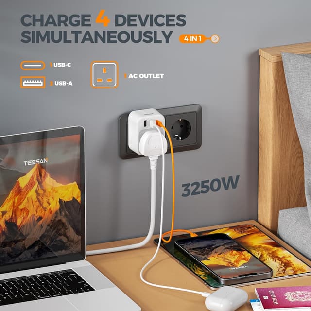 Detalle de UK to Europe Plug Adapter with 3 USB (Type E/F Schuko) by TESSAN — EU Travel Adaptor for Multiple Countries