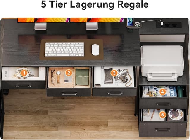 Detalle de Coleshome Eckschreibtisch mit 5 Schubladen, 4 Regalen, LED & Steckdosen/USB (L-Form, 200×110 cm) – Schwarz