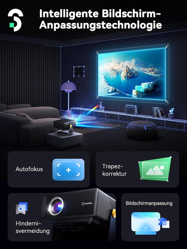 Detalle de SOOMFON Smart Beamer 4K Heimkino (SK3) – Mini-Projektor mit Autofokus, Trapezkorrektur, WiFi & Bluetooth