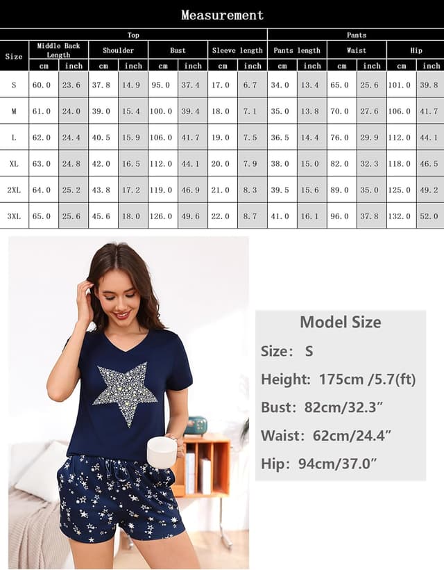 Detalle de Pyjama femme Litherday été en coton, manches courtes col en V et short imprimé étoiles