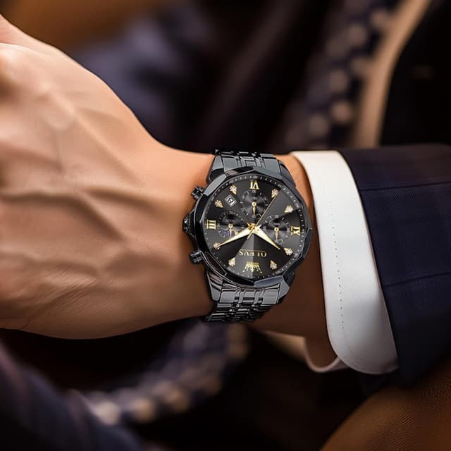Detalle de OLEVS Herren Quarz Business-Uhr mit Chronograph, Mondphase & Datum – wasserdicht, Edelstahl