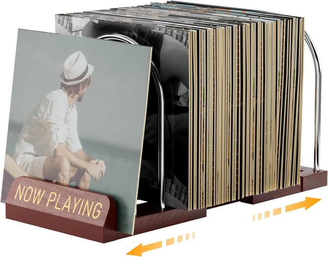 Detalle de BS-VOG Schallplatten-Aufbewahrung: erweiterbarer LP-Ständer für 30–70 Platten mit „Now Playing“-Schild