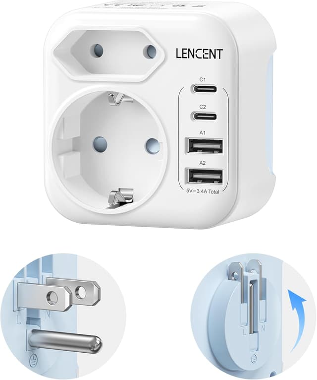 Detalle de LENCENT Reisestecker USA–DE mit 2x USB‑C, 2x USB‑A 🔌