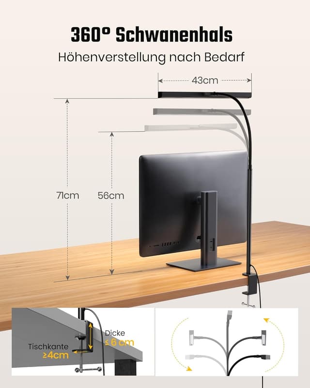Detalle de RIXGLEAM LED-Schreibtischlampe dimmbar, klemmbar mit 45°-Streuwinkel und Schwanenhals für Homeoffice
