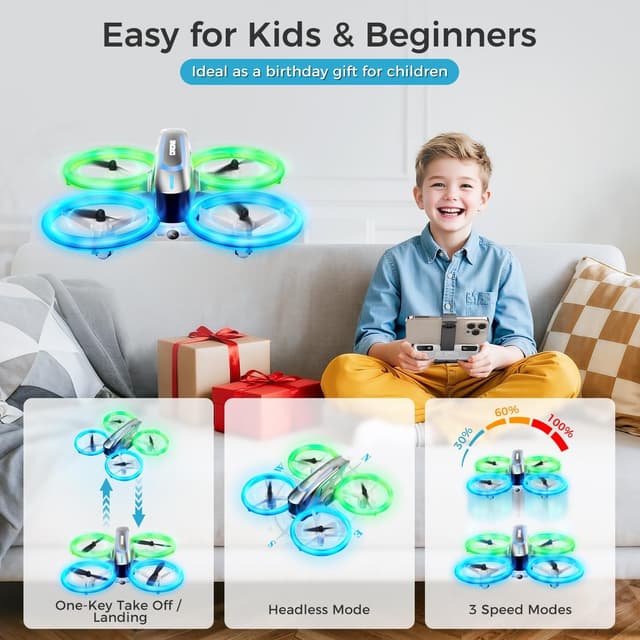 Detalle de Q1 Mini Drone with Camera 4K (for Kids 8–12) – RC Quadcopter with LEDs, Headless Mode & 3D Flips, Grey