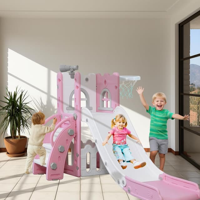 Detalle de LulliSpace 6 in 1 Toddler Slide & Climber with Basketball Hoop, Storage and Telescope