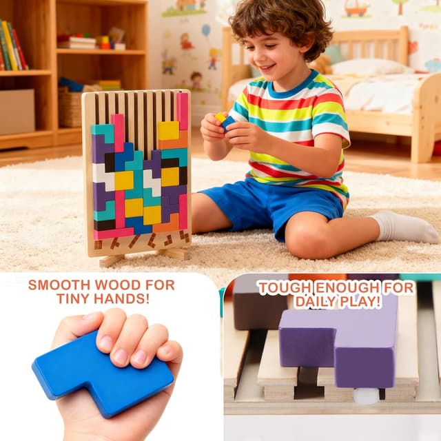 Detalle 2 de Holzpuzzle Tetris – Montessori Lernspielzeug aus Naturholz (3D Stapel-/Steckpuzzle) für Kinder ab 3