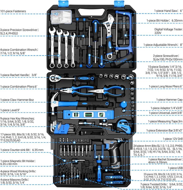 Detalle 2 de DEKO 238-teiliger Werkzeugkoffer mit 12V Akkubohrer und Schublade – DEKO Werkzeugset für Haus, Auto & Heimwerken