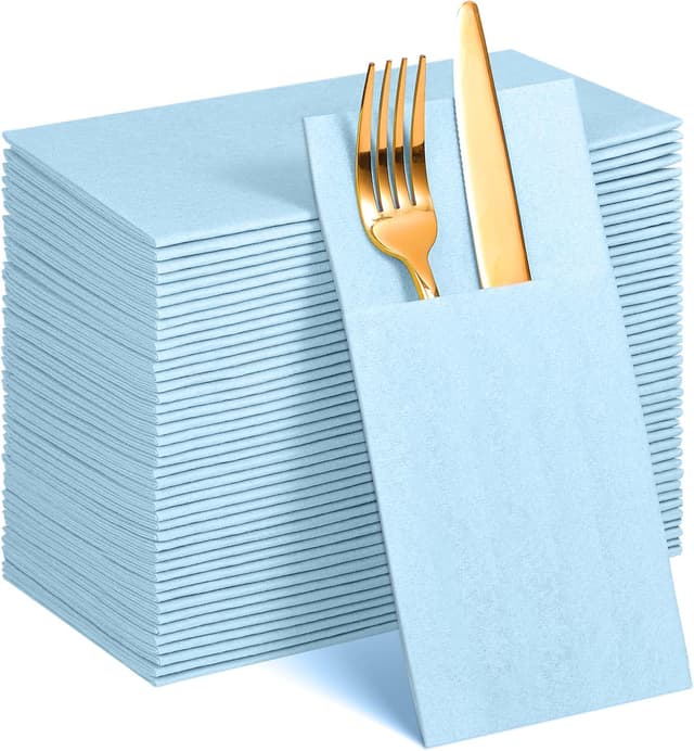 Detalle de NatNarr 60 Pack Light Blue Linen-Feel Paper Napkins with Built-in Flatware Pocket