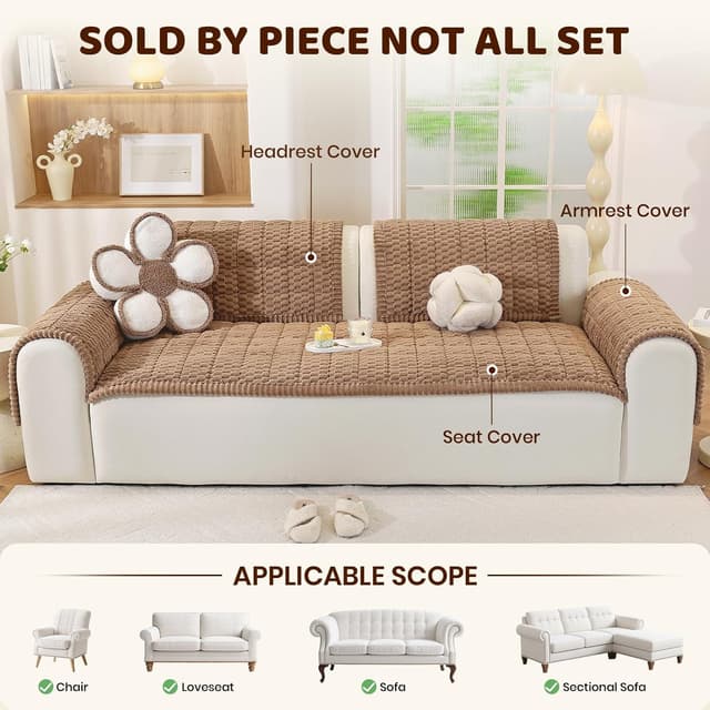 Detalle de Royhom Copridivano spesso in peluche corto marrone 50 x 60 cm con antiscivolo