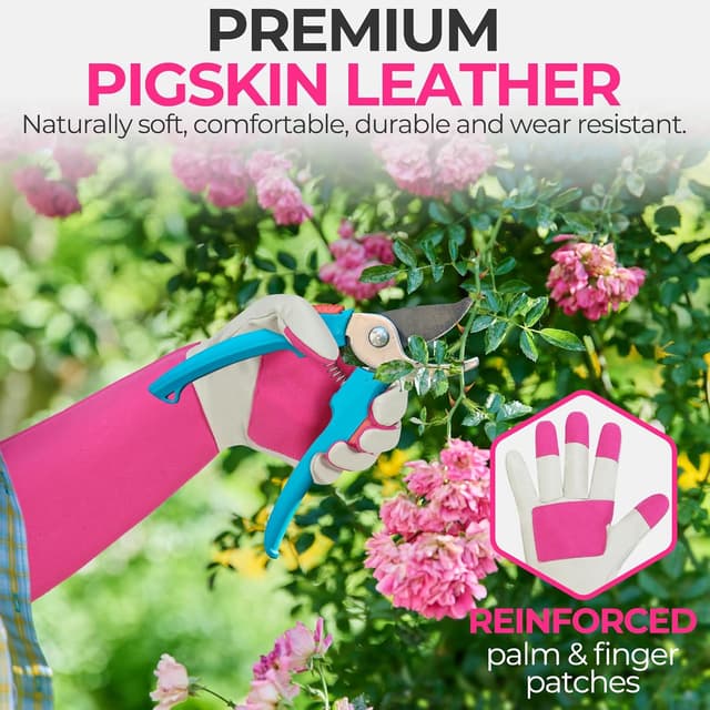 Detalle 2 de HANDLANDY Thorn Proof Gardening Gloves (Pink, M) – long-sleeve rose pruning leather gauntlets