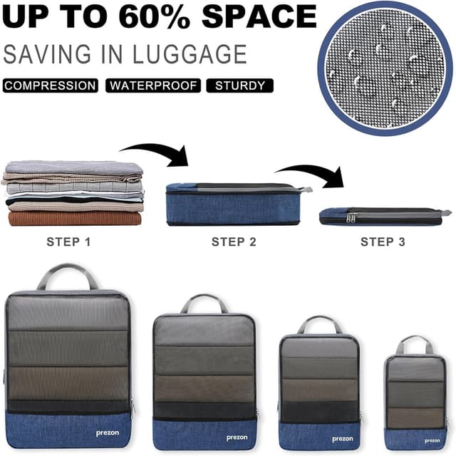 Detalle 2 de Prezon Compression Packing Cubes & Extensible Suitcase Organiser Set (Luggage Organisers for Travel or Home Storage)